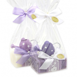 Schafmilchseife eckig 100g dekoriert mit Gießkanne in Cello, Classic/Lavendel 