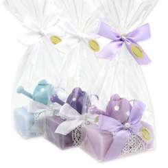 Schafmilchseife eckig 100g dekoriert mit Gießkanne in Cello, Vergissmeinnicht/Lavendel/Flieder 