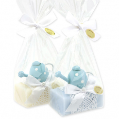 Schafmilchseife eckig 100g dekoriert mit Gießkanne in Cello, Classic/Vergissmeinnicht 