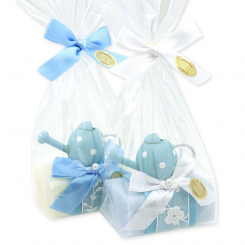 Schafmilchseife eckig 100g dekoriert mit Gießkanne in Cello, Classic/Vergissmeinnicht 