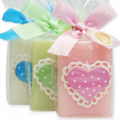 Schafmilchseife eckig 100g, dekoriert mit Punktherz in Cello, sortiert 