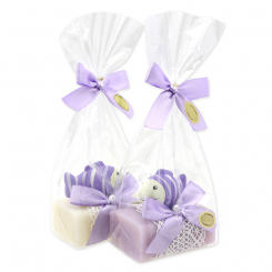 Schafmilchseife eckig 100g dekoriert mit Fisch in Cello, Classic/Flieder 