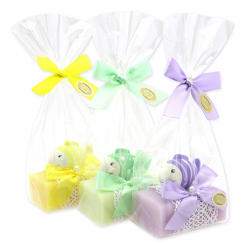 Schafmilchseife eckig 100g, dekoriert mit Fisch in Cello, sortiert 