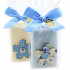 Schafmilchseife eckig 100g, dekoriert mit Blume in Cello, Classic/Vergissmeinnicht 
