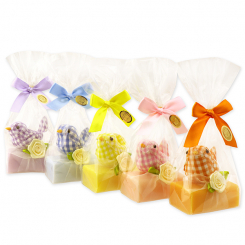 Schafmilchseife eckig 100g dekoriert mit Stoffvogel in Cello, sortiert 