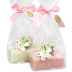 Sheep milk soap 100g, decorated with a wooden flower in a cellophane, Classic/peony 