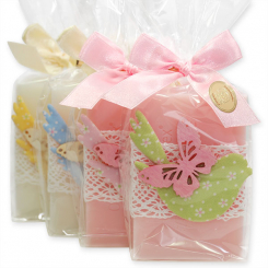 Schafmilchseife eckig 150g, dekoriert mit Vogel in Cello, Classic/Pfingstrose 