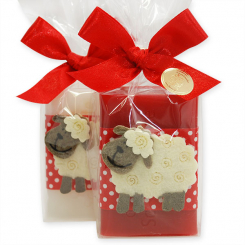 Sheep milk soap 100g, decorated with a sheep in a cellophane, Classic/pomegranate 