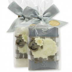 Sheep milk soap 100g decorated with a sheep in a cellophane, Classic/edelweiss silver 
