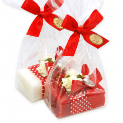 Sheep milk soap 100g, decorated with roses in a cellophane, Classic/pomegranate 