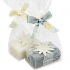 Sheep milk soap 100g decorated with an edelweiss in a cellophane, Edelweiss white/ silver 