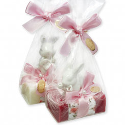 Schafmilchseife eckig 100g dekoriert mit Hase in Cello, Classic/Malvenblüte 