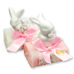 Schafmilchseife eckig 100g dekoriert mit Hase, Classic/Pfingstrose 