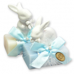 Schafmilchseife eckig 100g dekoriert mit Hase, Classic/Vergissmeinnicht 
