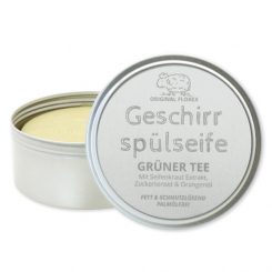 Palmölfreie Geschirrspülseife rund 150g in Dose mit Lasergravur, Grüner Tee 