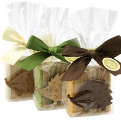 Sheep milk soap square 35g decorated with a Hedgehog in a cellophane, sorted 