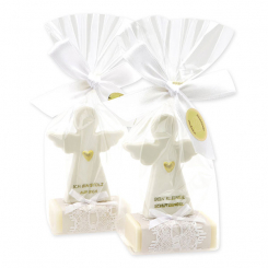 Sheep milk soap square 25g decorated with guardian angel with heart in a cellophane bag, Classic/Christmas rose white 