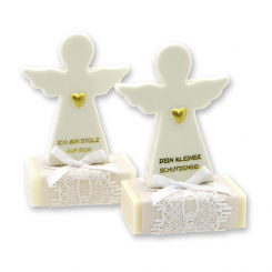 Sheep milk soap square 25g decorated with guardian angel with heart, Classic/Christmas rose white 