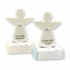 Sheep milk soap square 25g decorated with guardian angel with heart, Classic/Forget-me-not 