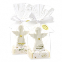 Sheep milk soap square 25g decorated with guardian angel with heart in a cellophane bag, Classic/Christmas rose white 