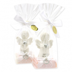 Sheep milk soap square 35g decorated with guardian angel with heart in a cellophane bag, Classic/Jasmine 