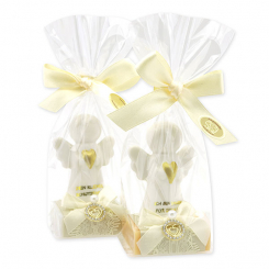 Schafmilchseife eckig 35g dekoriert mit Schutzengel mit Herz in Cello, Classic/Zirbe 