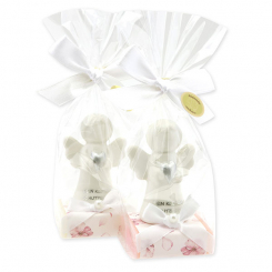Sheep milk soap square 35g decorated with guardian angel with heart in a cellophane bag, Classic/Jasmine 