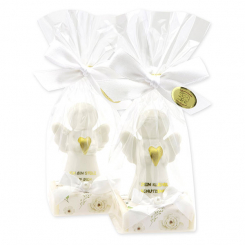 Sheep milk soap square 35g decorated with guardian angel with heart in a cellophane bag, Classic/Christmas rose white 