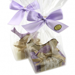 Schafmilchseife eckig 150g dekoriert mit Vogel in Cello, Classic/Lavendel 