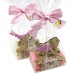 Sheep milk soap 150g decorated with a bird in a cellophane, Classic/Rose "Diana" 