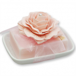 Sheep milk soap 150g on soap dish, decorated with a rose, Peony 