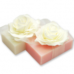 Schafmilchseife eckig 150g, dekoriert mit Rose, Classic/Pfingstrose 