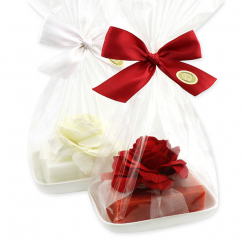 Sheep milk soap 150g on soap dish decorated with a rose in a cellophane, Christmas rose/rose with petals 