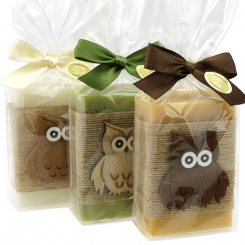 Schafmilchseife eckig 150g dekoriert mit Eule in Cello, sortiert 