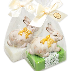 Sheep milk soap 150g decorated with a rabbit in a cellophane, Classic/Green apple 