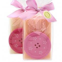 Sheep milk soap 150g decorated with a button in a cellophane, Classic/Peony 