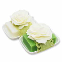 Sheep milk soap 150g on soap dish, decorated with a rose, Classic/apple 