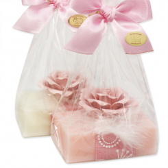 Schafmilchseife eckig 150g, dekoriert mit Keramikrose in Cello, Classic/Pfingstrose 