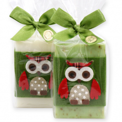 Schafmilchseife eckig 150g dekoriert mit Eule in Cello, Classic/Eisenkraut 