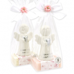 Sheep milk soap square 150g decorated with guardian angel with heart in a cellophane bag, Classic/Jasmine 