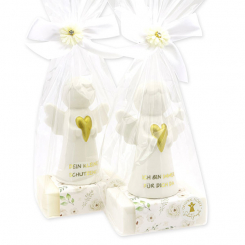 Sheep milk soap square 150g decorated with guardian angel with heart in a cellophane bag, Classic/Christmas rose white 