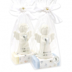 Sheep milk soap square 150g decorated with guardian angel with heart in a cellophane bag, Classic/Forget-me-not 