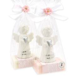 Sheep milk soap square 150g decorated with guardian angel with heart in a cellophane bag, Classic/Jasmine 