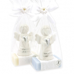 Sheep milk soap square 150g decorated with guardian angel with heart in a cellophane bag, Classic/Forget-me-not 