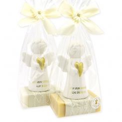 Schafmilchseife eckig 150g dekoriert mit Schutzengel mit Herz in Cello, Classic/Zirbe 