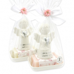 Sheep milk soap square 150g on a soap dish decorated with guardian angel with heart in a cellophane bag, Classic/Jasmine 