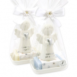 Sheep milk soap square 150g on a soap dish decorated with guardian angel with heart in a cellophane bag, Classic/Forget-me-not 