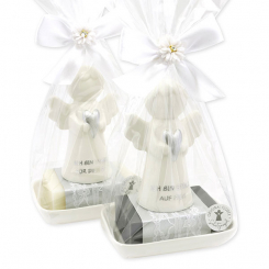 Sheep milk soap square 150g on a soap dish decorated with guardian angel with heart in a cellophane bag, Classic/Christmas rose 
