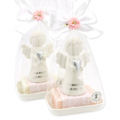 Sheep milk soap square 150g on a soap dish decorated with guardian angel with heart in a cellophane bag, Classic/Jasmine 