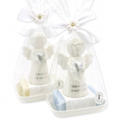 Sheep milk soap square 150g on a soap dish decorated with guardian angel with heart in a cellophane bag, Classic/Forget-me-not 